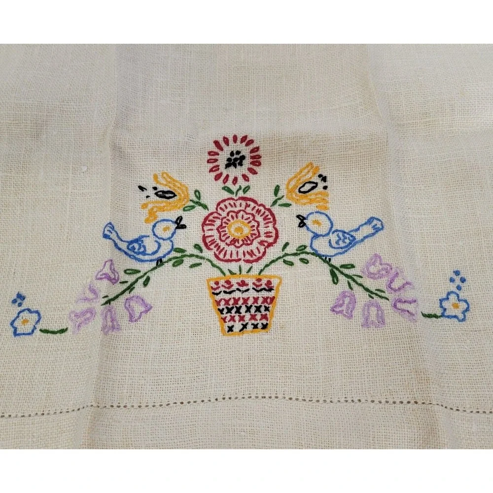 Vintage Birds & Flowers Embroidered Beige Linen 16